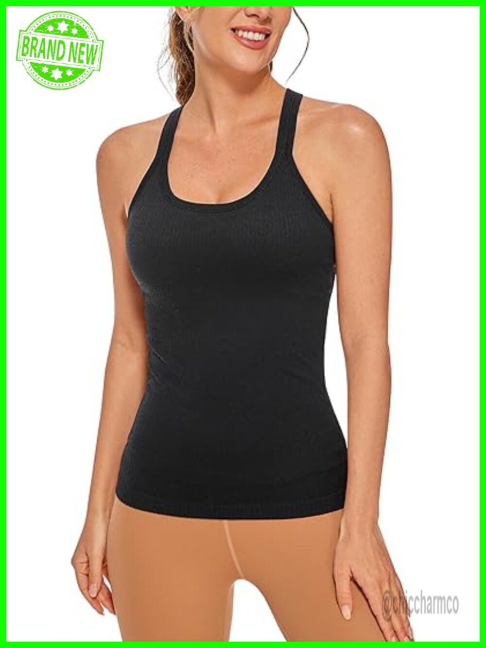 Seamless Ribbed Racerback Tank Top with Built in Bra Padded Scoop Neck Slimming